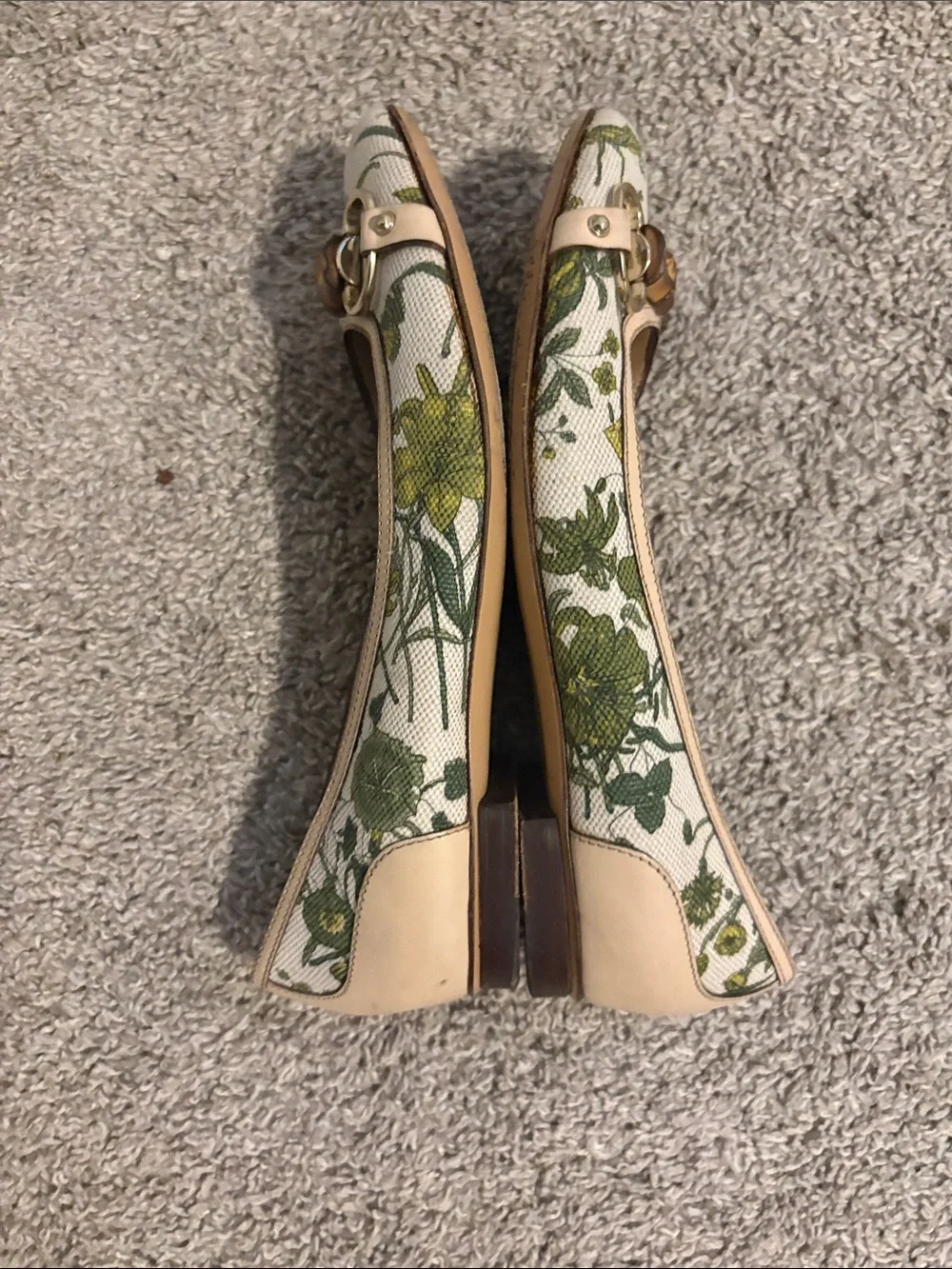 Gucci Floral Canvas Bamboo Bit Ballet Flats in Green and Cream